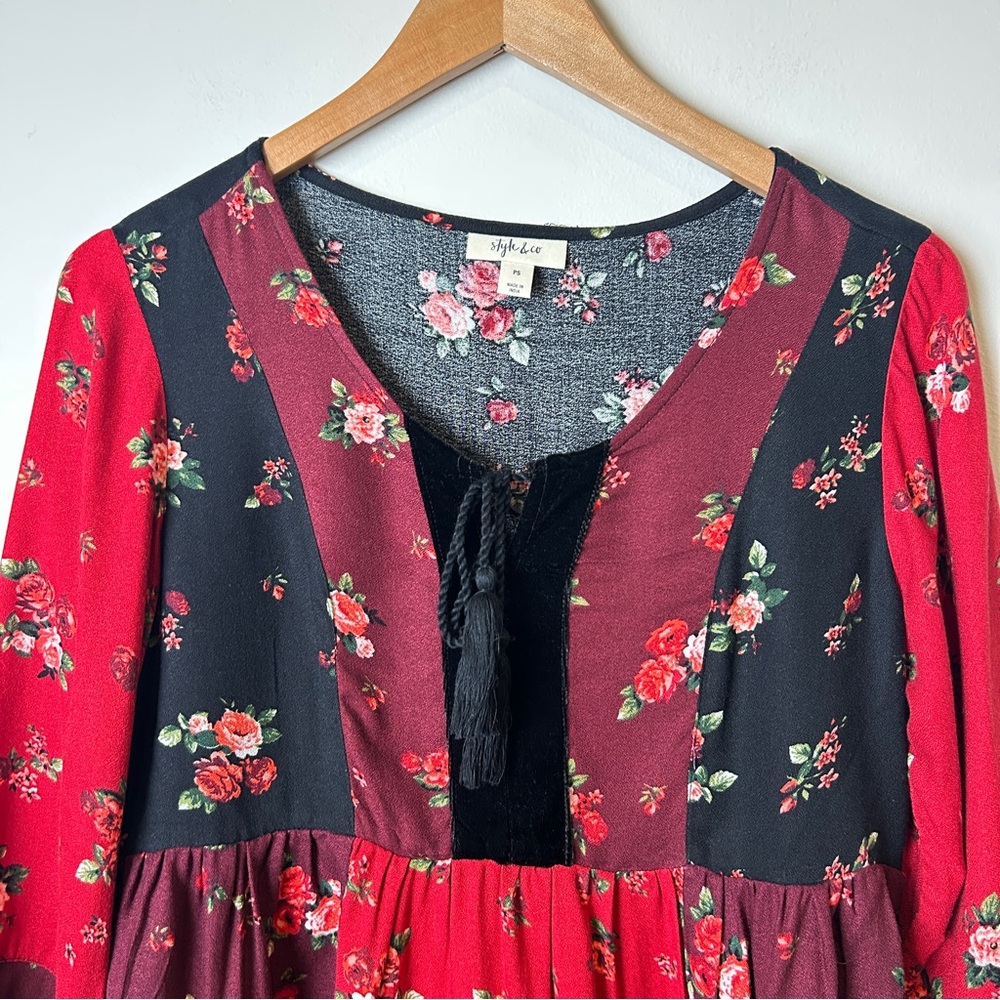 Style & Co. Floral Patchwork Red Black Peasant Whimsygoth Blouse w/ Velvet - Picture 5 of 11